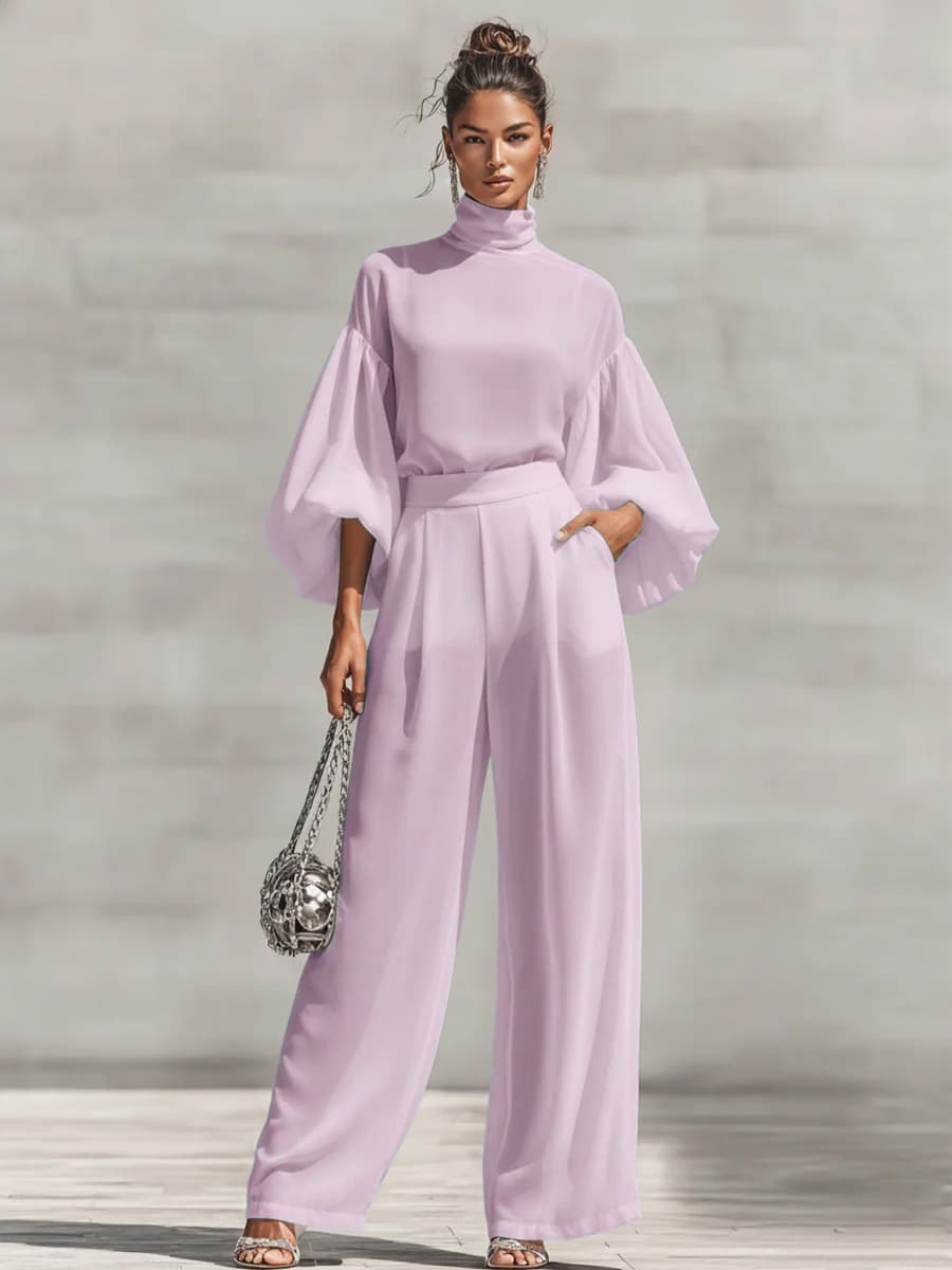 2026 European and American Cross-Border Women's Chiffon Solid Color Stand Collar Puff Sleeve Wide Leg Pants Two-Piece Set Spring and Autumn Chiffon Two-Piece Set