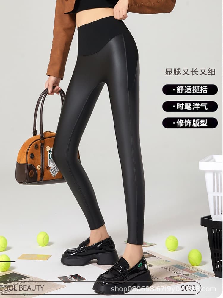 Fashionable Faux Leather Leggings for Women, Autumn/Winter Fleece-Lined and Thickened Shark Pants, High-Waisted Butt-Lifting Slim Fit Tights