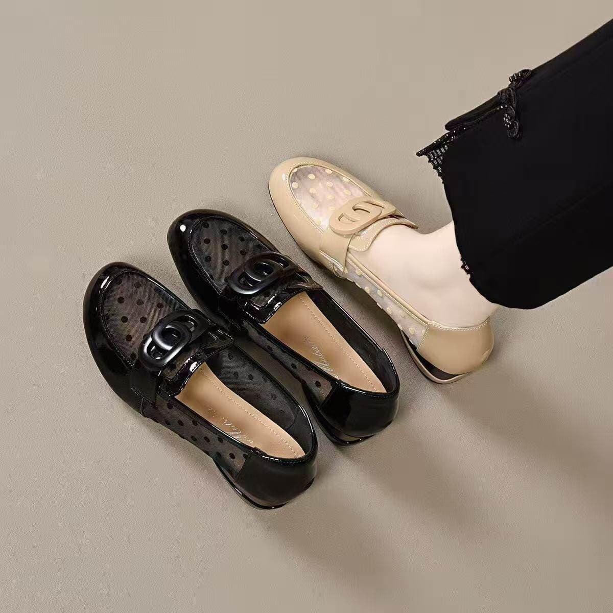 Genuine Leather Round Toe Low Heel Mesh Loafers Women 2026 Spring New Chunky Heel Soft Breathable Sandals Flats