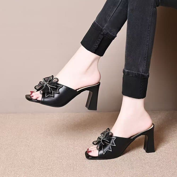 Fish Mouth High Heel Mules for Women Summer New Fashion Butterfly Rhinestone Chunky Heel Versatile Sandals
