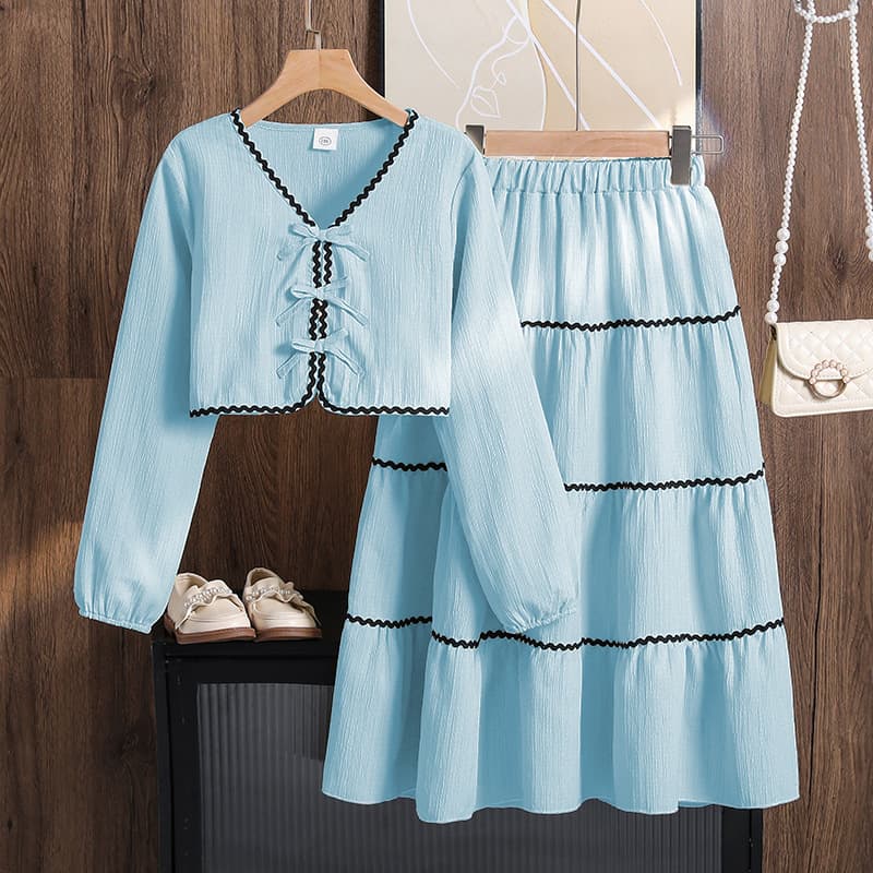 Women's and Older Children's Lace Black Trim Bow Long-Sleeve Top and Skirt Two-Piece Set for European and American Cross-Border Trade