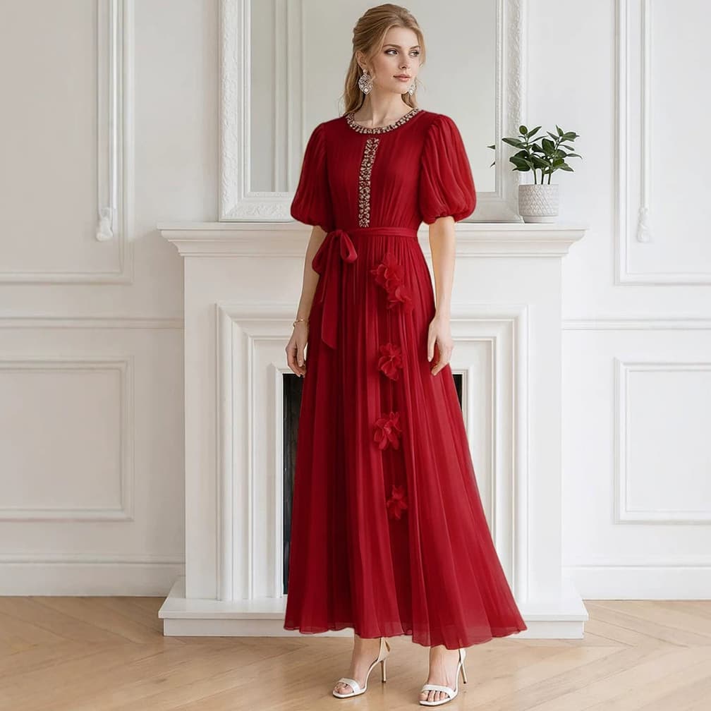 French heavy industry diamond-encrusted red temperament dress for women summer Korean style waist slimming temperament gold style long skirt