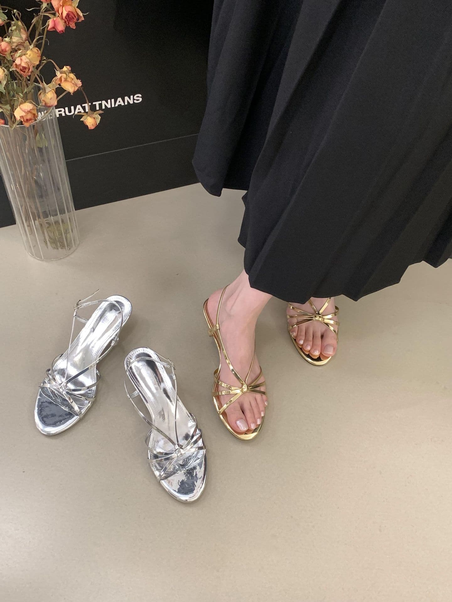 French Evening Breeze Dress Matching High Heels Silver Slide Sandals for Women Summer Wear Gold Fairy Sandals Roman Sandals