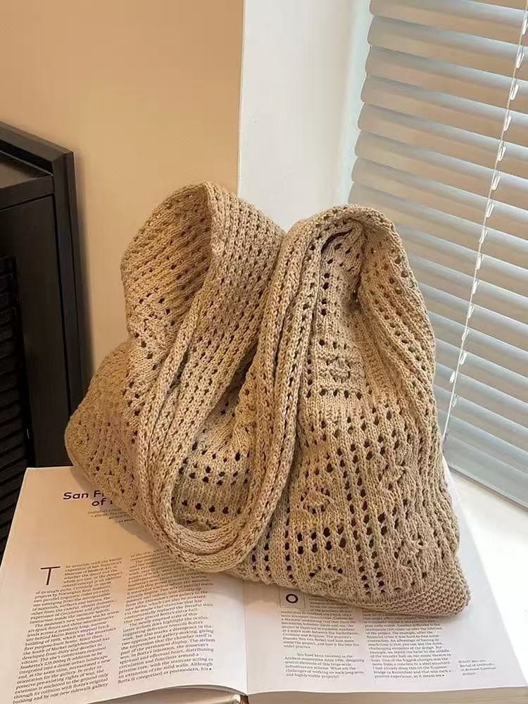 Cross-border Woven Shoulder Bag Vintage Yarn Bag Large Capacity Beach Bag Shopping Bag Women's Knitted Tote Handbag