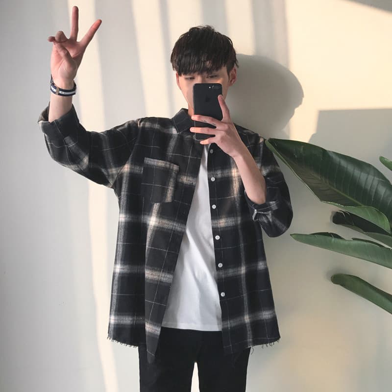 ins Men's Plaid Shirt Hong Kong Style Casual Long-sleeved Shirt Fashionable Slim-fit Handsome Couple Shirt Top Men's Wear