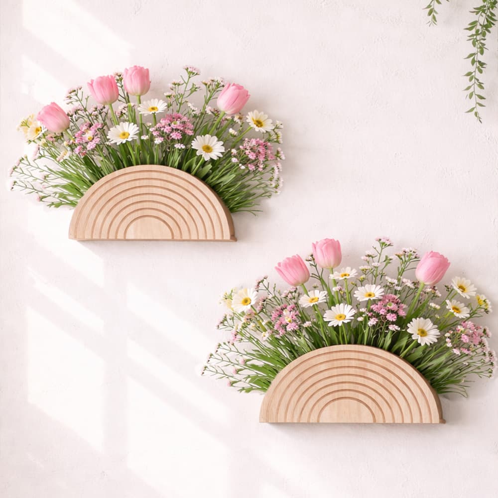 Cross-border new product semicircular shape creative flower arrangement wall flower pot shelf wooden crafts home decoration wholesale