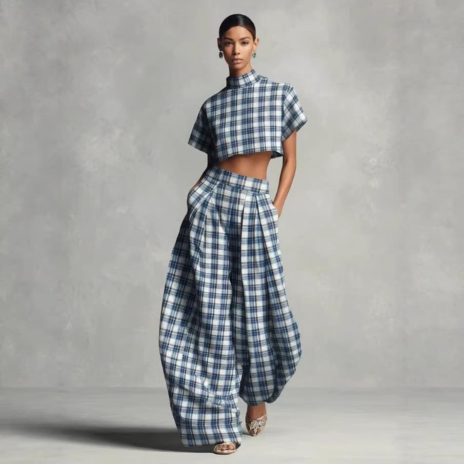 2026 Amazon EU-US Cross-Border New Elegant Height-Enhancing Plaid T-Shirt Long Pants Pocket Women's Fashion Two-Piece Set