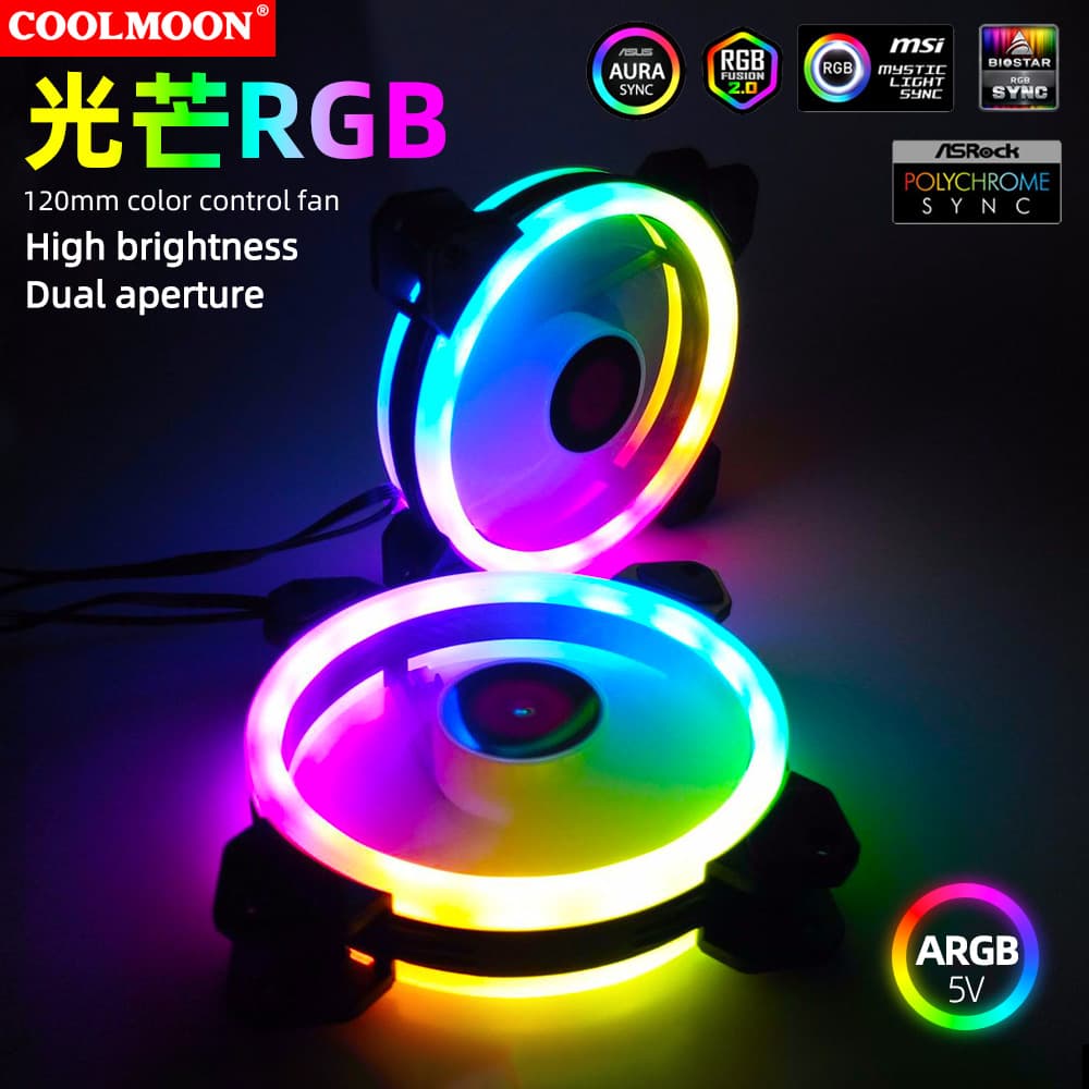 Glory RGB Case Fan 12cm Dual Halo Rainbow LED Silent Desktop Computer Case Cooling RGB Fan