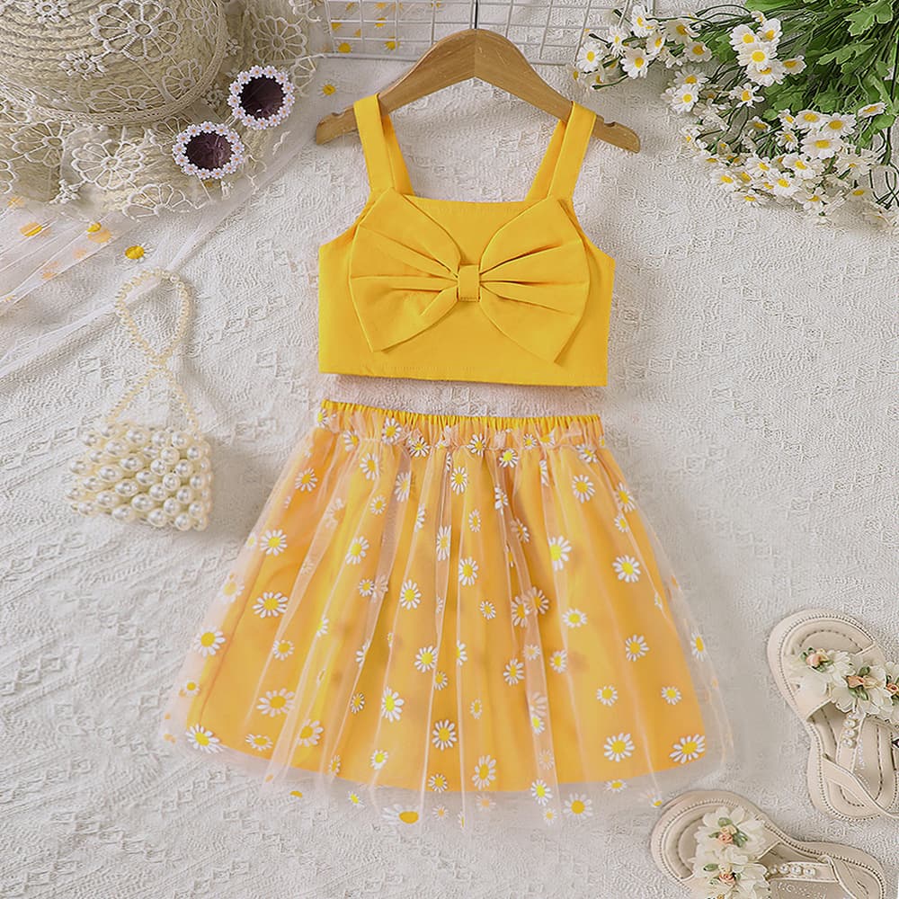EW Children's Clothing Summer New Bowknot Strap Mesh Skirt Set for Girls TZ1413-C