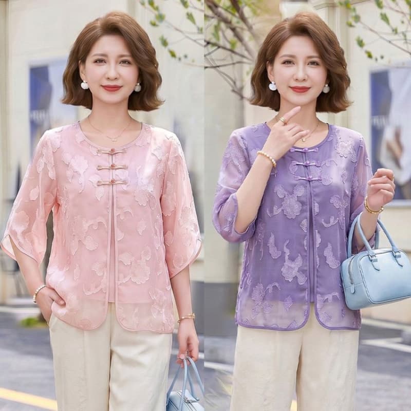 New Chinese-style mom summer short-sleeved chiffon shirt new two-piece set for middle-aged and elderly women Chinese style fake two-piece top set