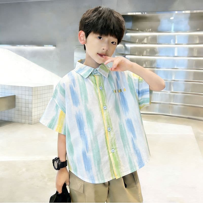 Summer style thin boys' short-sleeved shirt Korean style handsome baby top boy clothes children's shirt outer wear