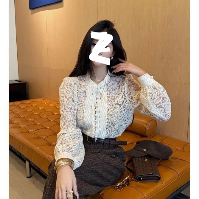 French Chic Single-Breasted Sweet Lace Crochet Long-Sleeve Blouse for Women, 2025 Autumn New Fashion Top