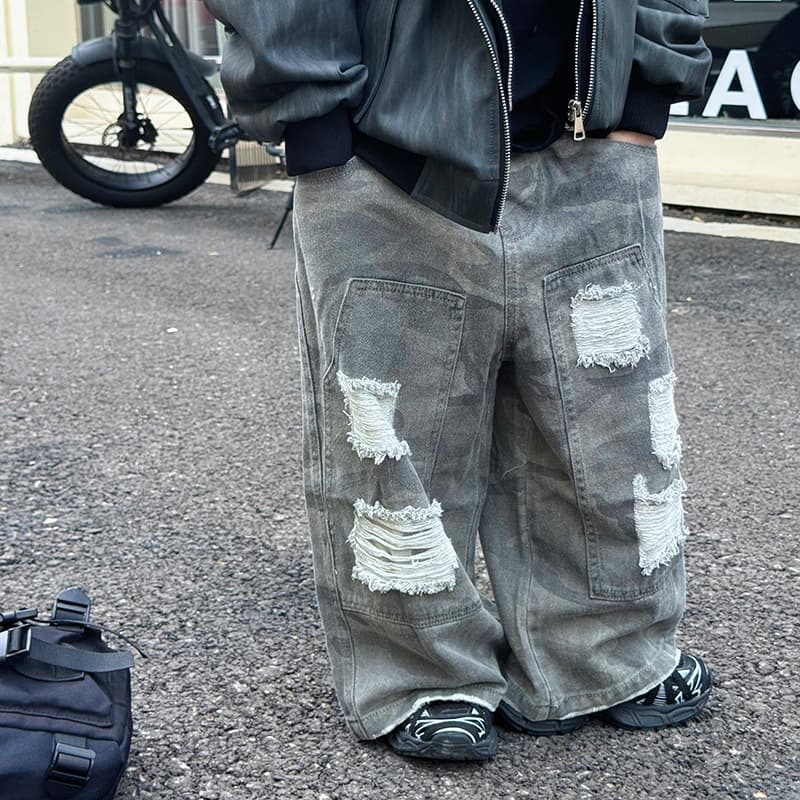 Boys Ripped Denim Pants 2025 Spring New Children's Korean Style Trendy Camo Pants Toddler Boys Spring Autumn Trousers