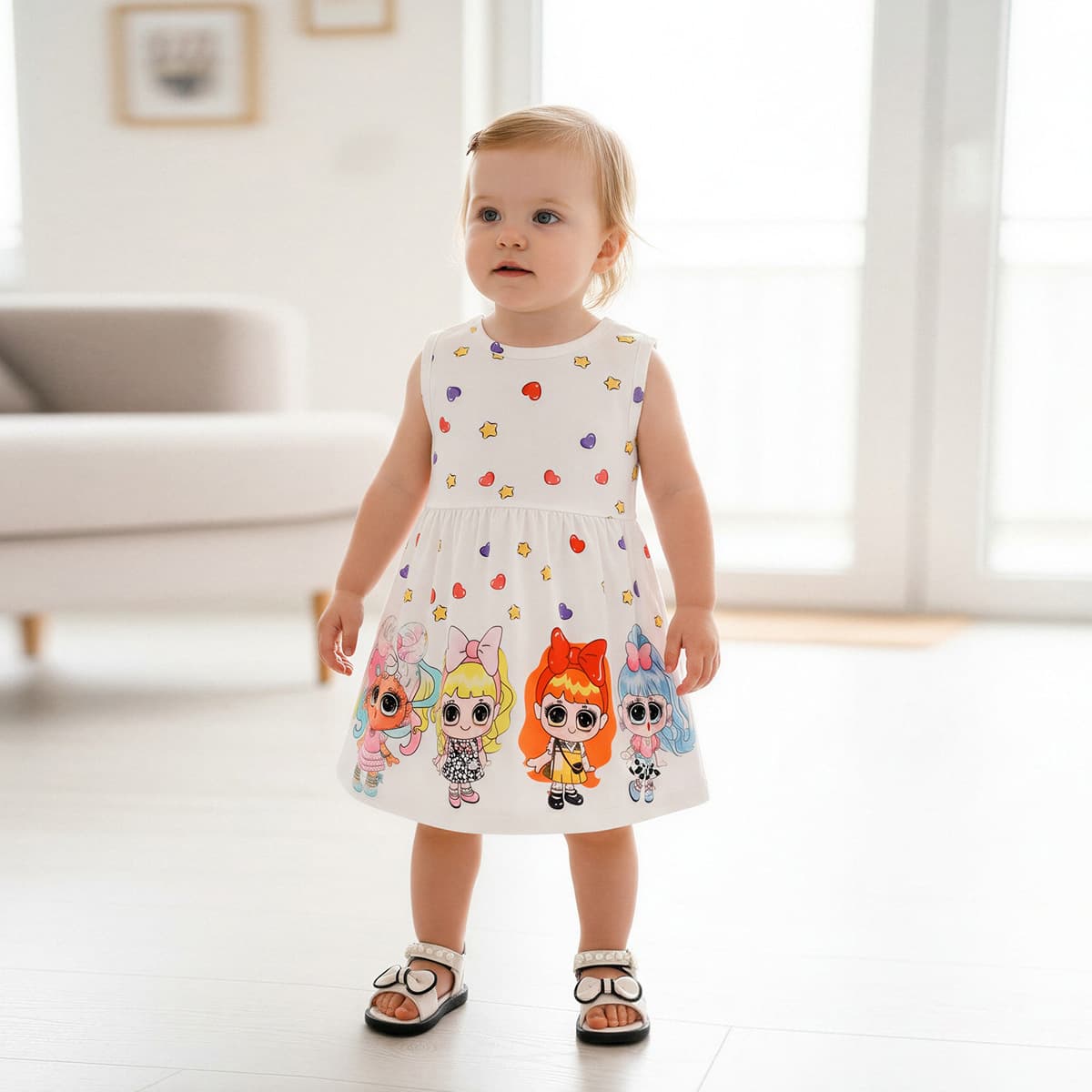 Girls Cartoon Print Tank Dress 2-3 Years Kids Fashion Waist White Summer Dress 2026 New