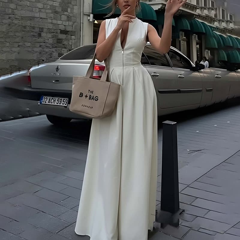 Cross-border Europe and America Women's Fashion Summer New Style Casual Commute Solid Color Sleeveless Wide-Leg Jumpsuit