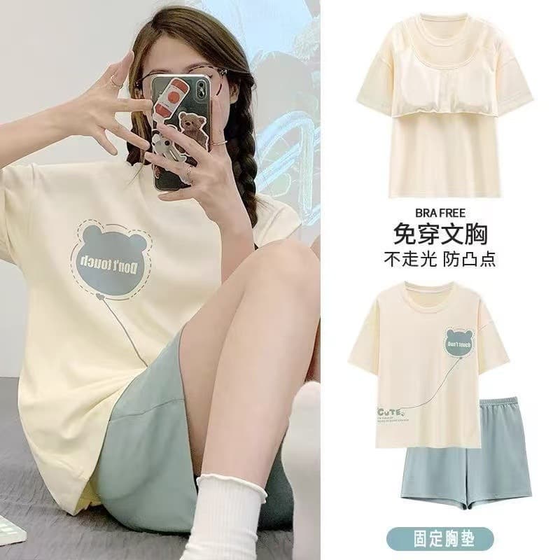 Women's Summer Short Sleeve Pajamas with Built-in Bra, Wearable Homewear Two-Piece Set, 2026 New Cartoon Plus Size