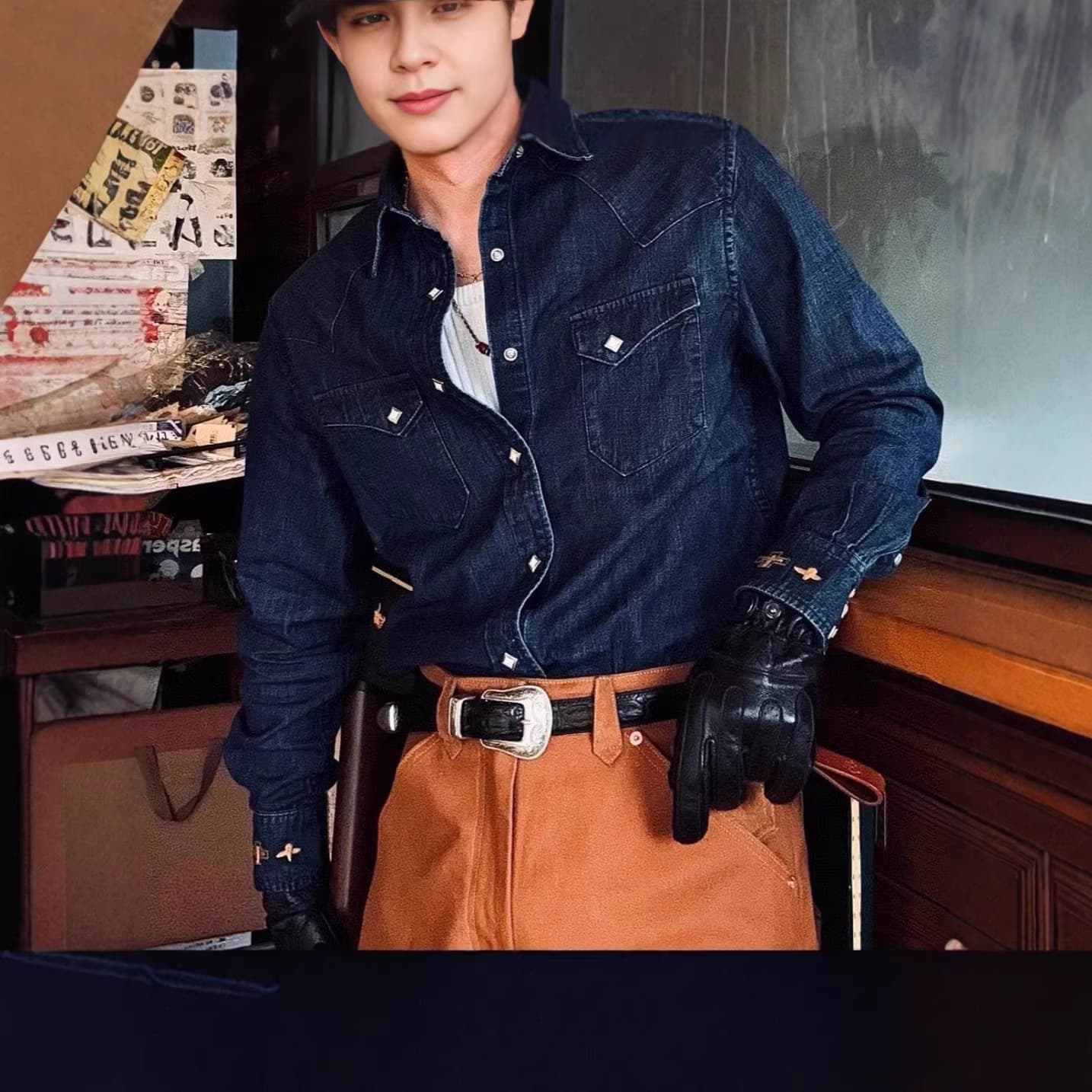 American Retro Embroidered Western Shirt Fashion Washed Distressed Long Sleeve Denim Shirt Spring