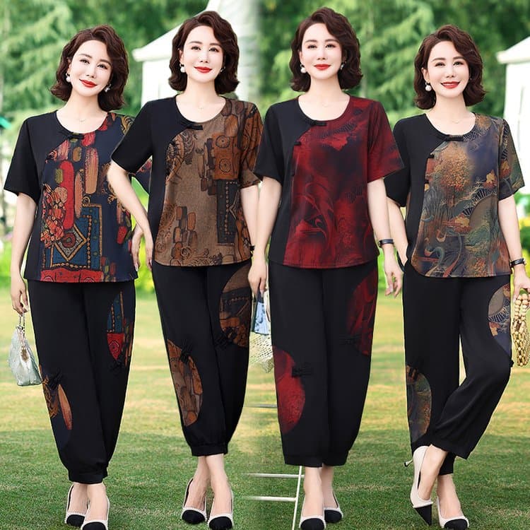Plus Size Summer Short Sleeve Two-Piece Set for Overweight Moms, Loose Fit, Tummy Cover, Elderly Women