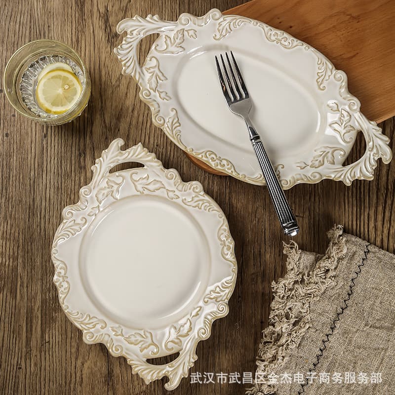 French Ceramic Double-Handled Plate Vintage Embossed Oval Dessert Western Food Plate Kiln-Transformed Cake Salad Plate Premium Tableware
