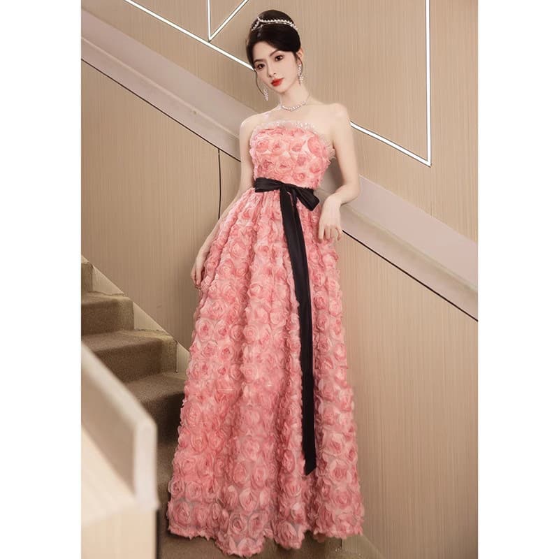 Bridesmaid Dress Bride Elegant Pink Off-Shoulder Wedding Rose Morning Robe Evening Gown Princess Dress for Coming-of-Age Ceremony