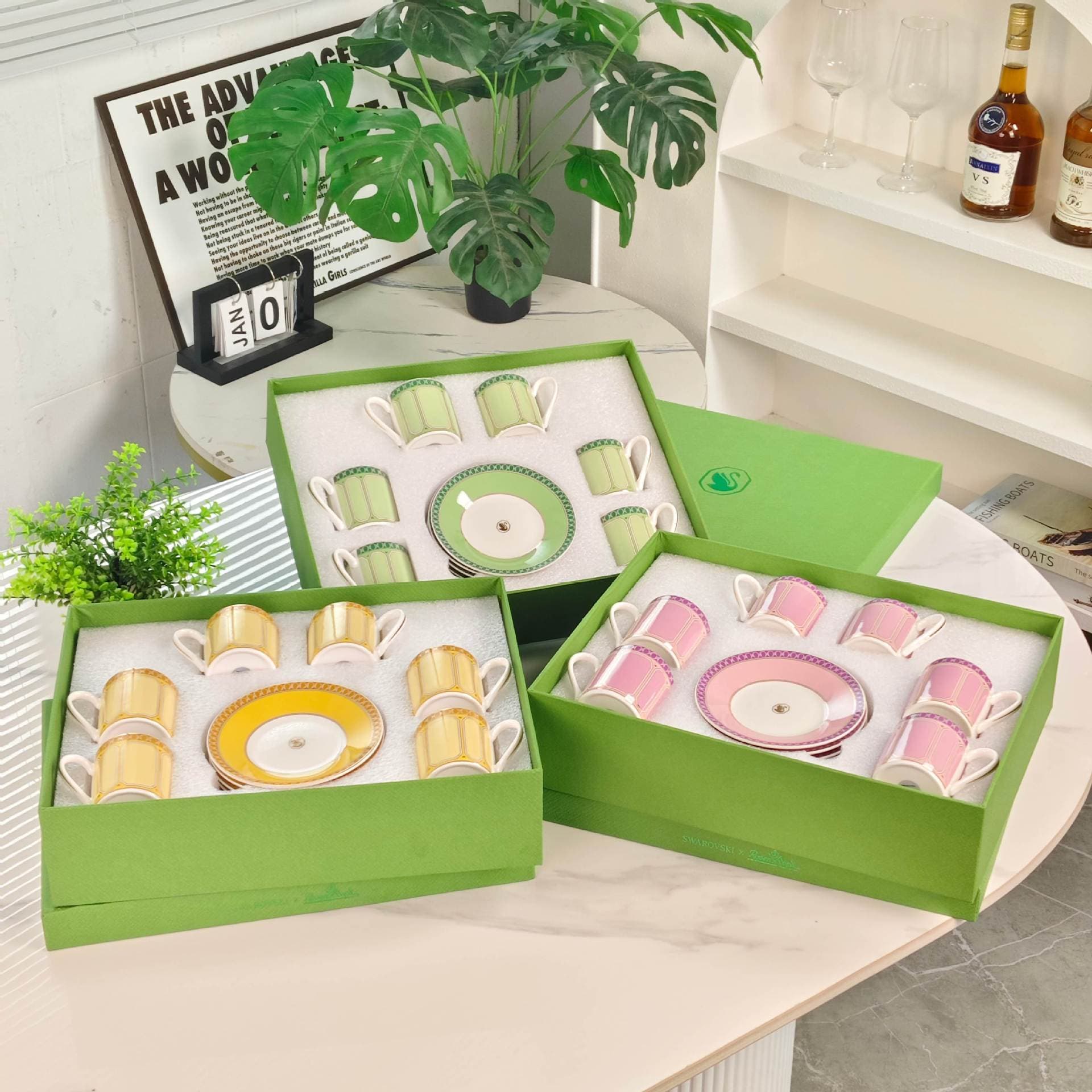 Cross-border Swarovski Luxury Ceramic Tableware Exquisite Gift Set of Six Cups and Six Plates Housewarming Gift Full Set