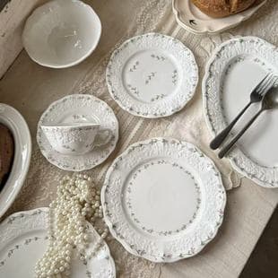 French Heavy Relief Floral Ceramic Dinnerware - Ceramic Plates, Bowls, Coffee Cup & Saucer, Dessert Plates, Ceramic Bowls