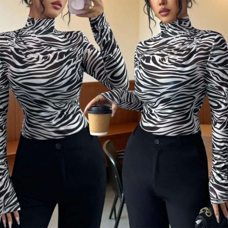 Zebra Print High Neck Base Layer Top for Women - Long Sleeve Slim Fit Tight T-Shirt for Export