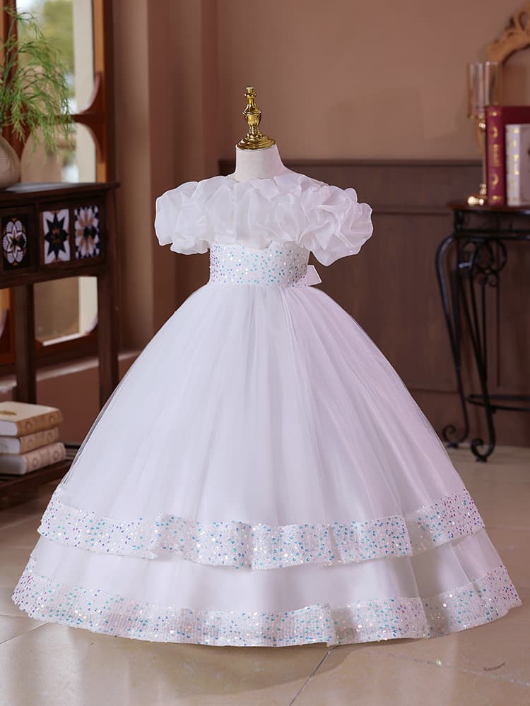 Cross-border Children's White Wedding Dress Princess Gown Flower Girl Piano Performance Outfit Little Girl Puffy Tulle Dress