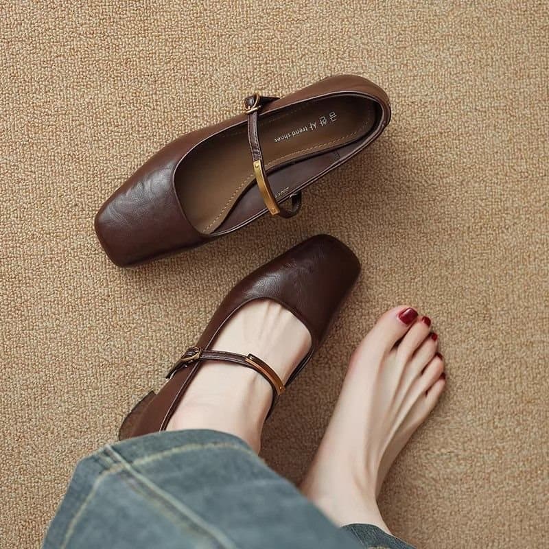 Genuine Soft Leather French Mary Jane Shoes for Women 2026 Spring New Retro Square Toe Mid Chunky Heel Brown High Heel Shoes