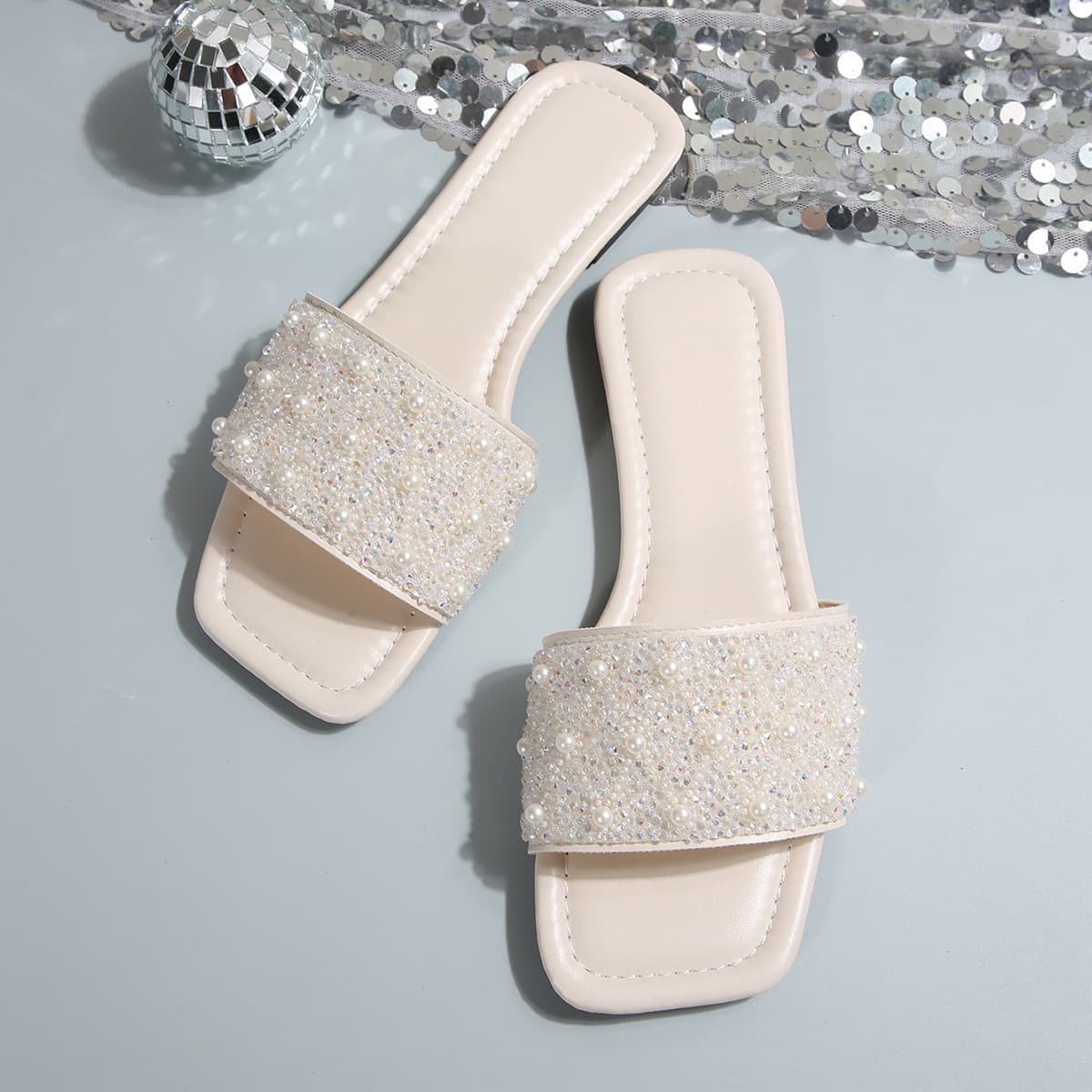 [Cross-Border Export] Soft-Soled High-Bottom Silver Sandals, Flat-Soled Elegant Sequined Sandals and Slippers for Women to Wear Outside