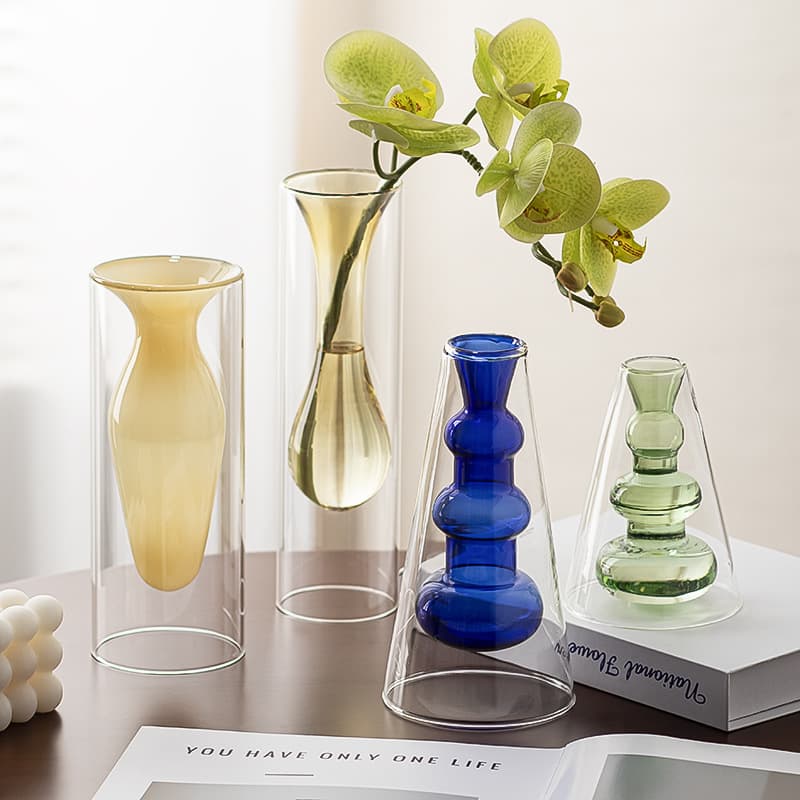Nordic creative colored glass small vase double-layer transparent vase restaurant tabletop aromatherapy bottle ornament hydroponic flower device