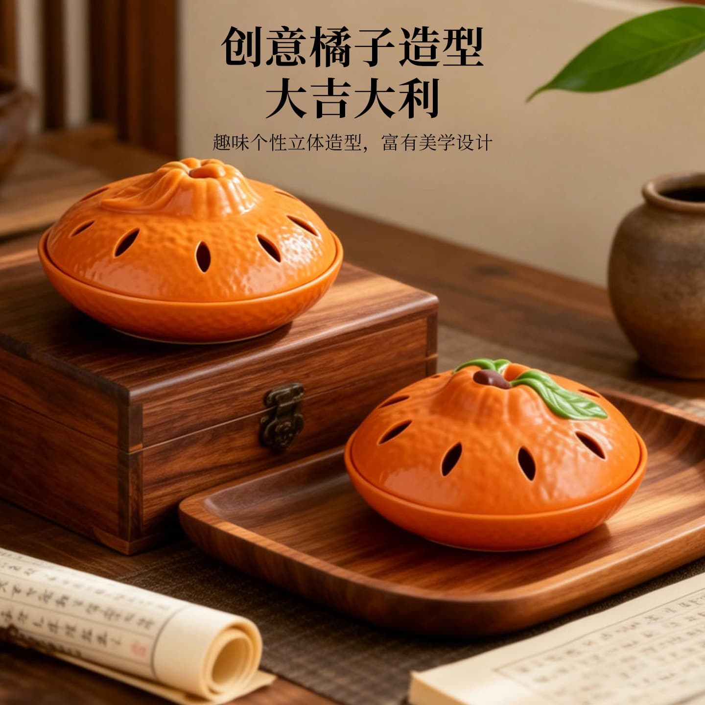 Good Luck Orange Plate Incense Burner Home Indoor Mugwort Agarwood Incense Burner Zen Tea Room Censer Decorative Ornament