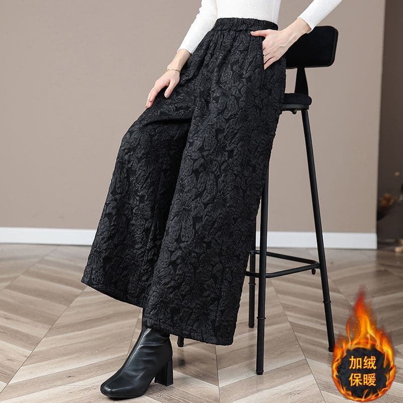 New autumn/winter fleece-lined, thick jacquard wide-leg pants for mothers, loose fit, plus size, retro casual wide-leg pants.