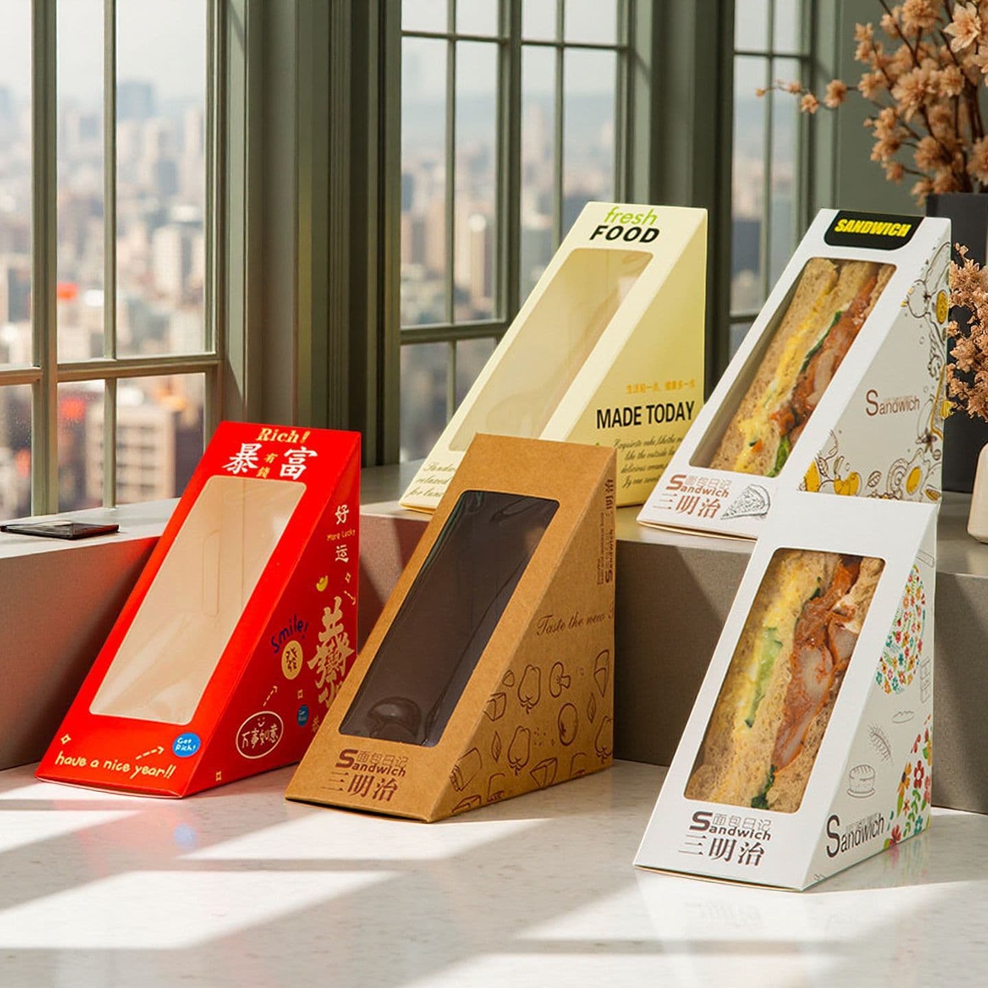 Sandwich packaging box window paper gift box Western breakfast snack packaging bag transparent window design