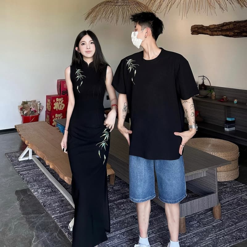 Chinese Style Couple Outfit Summer National Style Improved Embroidery Cheongsam High-End Sense Sleeveless Dress Men's Short Sleeve T-Shirt