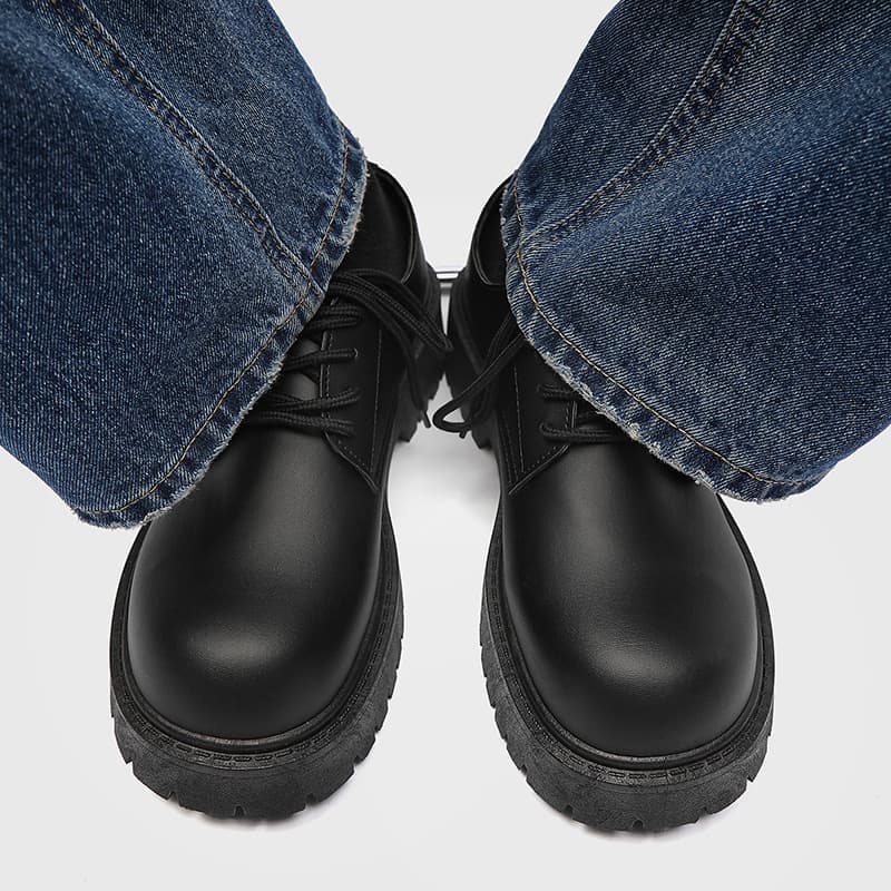 Men's Chunky Leather Shoes Spring Casual Retro Thick Sole Heightening Derby Shoes Formal British Style Black Wide Feet Trendy Shoes