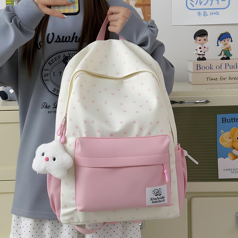 Color Block Backpack for Women, Ins Japanese Sweet Girl School Style Floral Print Bag, Trendy Versatile Student Backpack