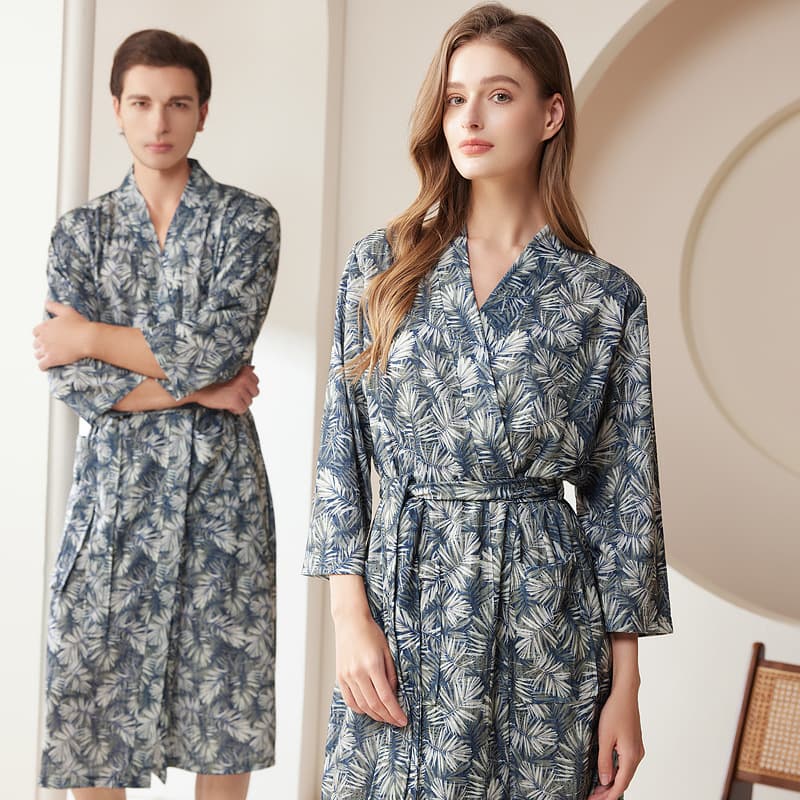 Ladies Palm Leaf Print Belted Bathrobe Men Summer Thin Absorbent Quick Dry Swimming Wearable Beach Towel Home Comfortable Robe