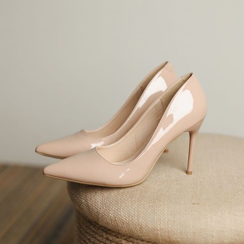 Patent Leather Nude High Heels for Women, 7cm Stiletto Heel, French Style Small Heel, Pointed Toe, Shallow Mouth, Versatile Fairy Single Shoes