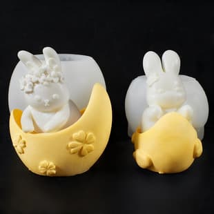 New Easter Moon Rabbit Candle Holder Mold, Four-Leaf Clover Moon Osmanthus Jade Rabbit Small Rabbit Candle Holder Silicone Mold