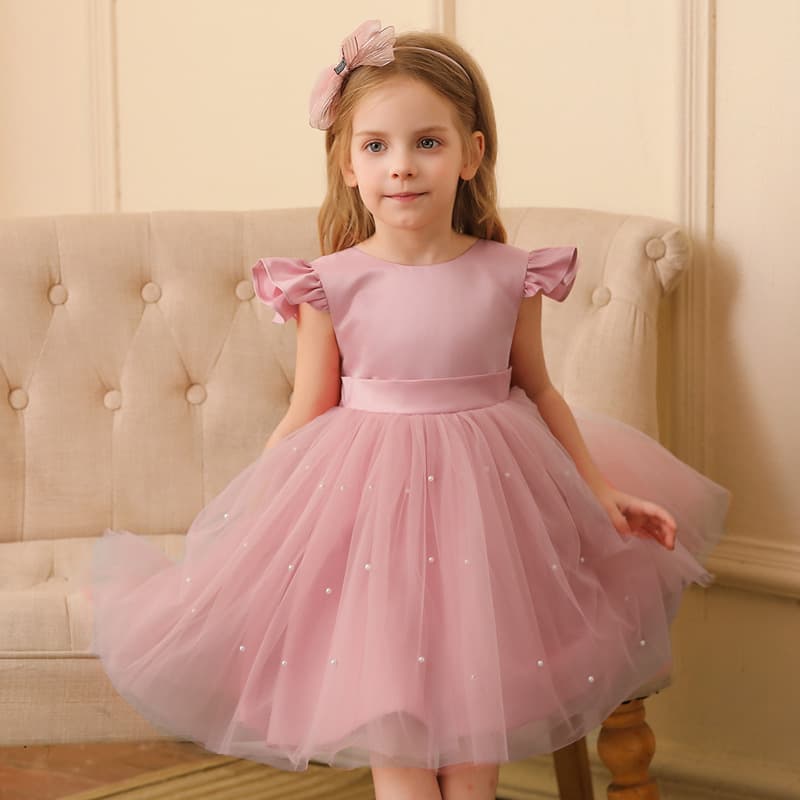 Princess Style Mesh Skirt Dress for Girls Ages 3-8 Flying Sleeve Children's Clothing Wedding Ceremony Flower Girl Outfit
