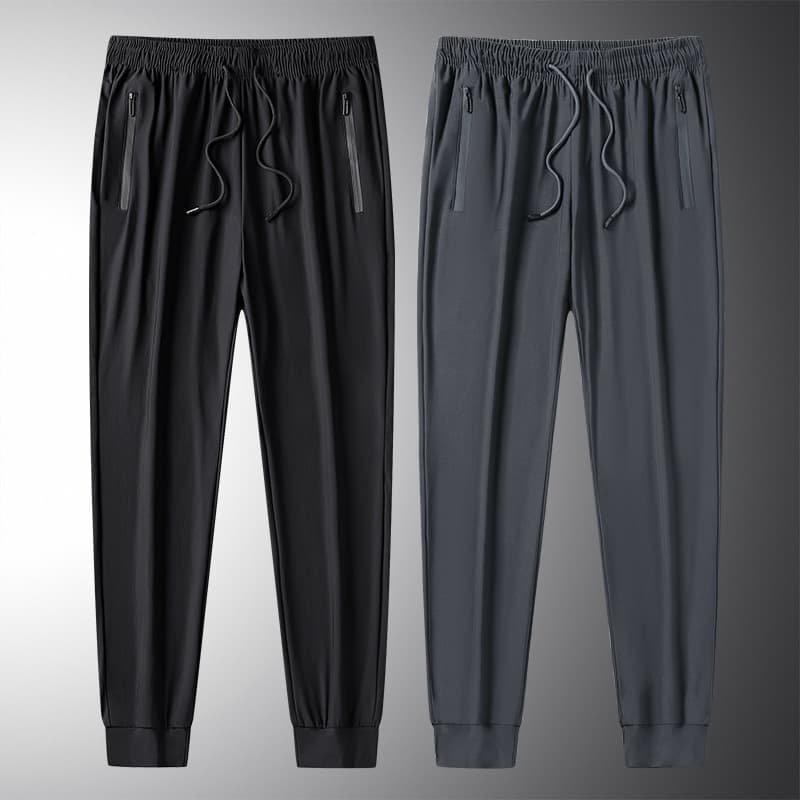 Summer Ice Silk 9/10 Length Pants for Men, Drawstring Straight Leg, Solid Color Breathable Nylon Casual Sports Long Pants