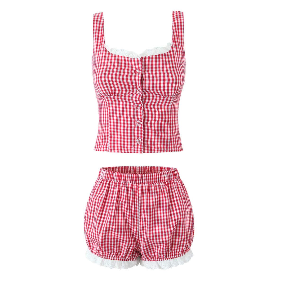 2025 New INS Style Textured Yarn 2-Piece Set: Sweet Lace Trim Sleeveless Top & Puff Shorts Outfit