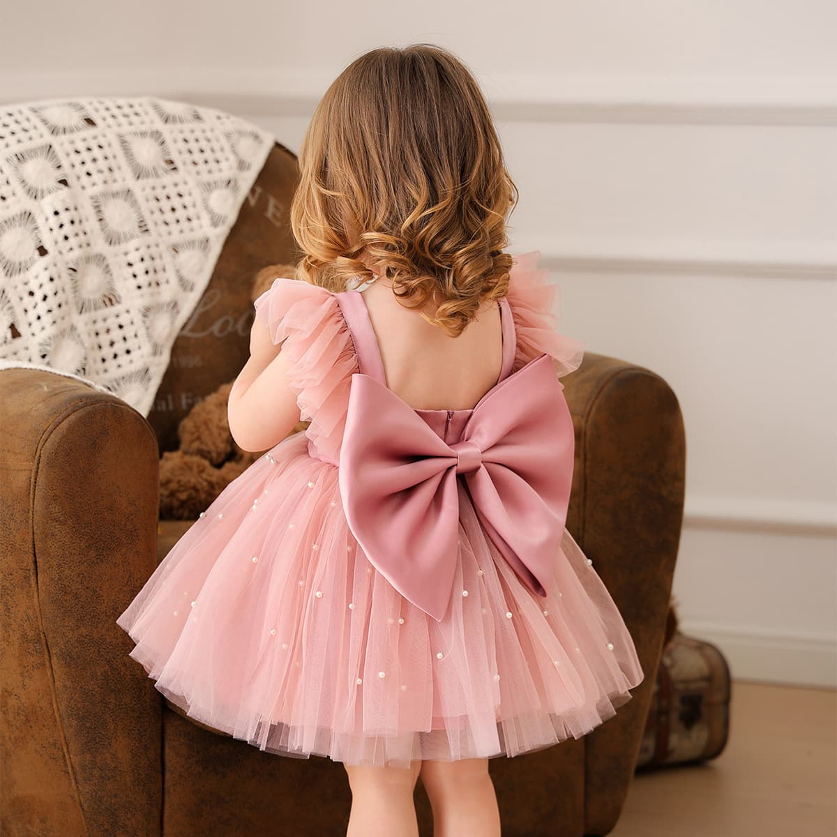 Cross-border Amazon Baby First Birthday Dress Birthday Party Dress for Girls Pink Flutter Sleeve Puffy Princess Dress