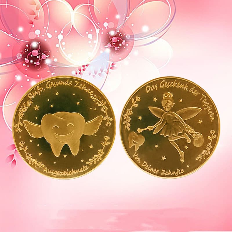Cross-border Cartoon Tooth Fairy Gold Coins Children's Teeth Changing Cute Commemorative Coins Lucky Metal Coins Game Coins Foreign Coins