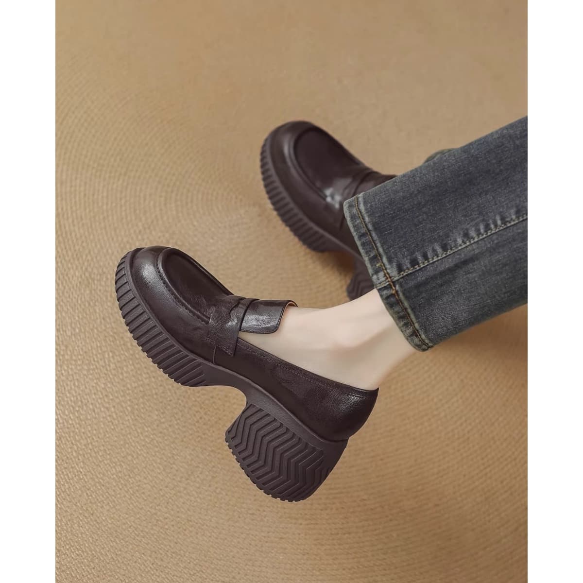 Platform High-Heeled Loafers with a 8cm Thick Heel, Slip-On Style, British Retro Leather Shoes for Women