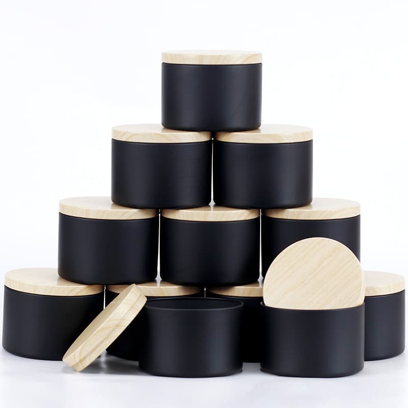 Wholesale 24-Pack Black Wood Grain Round Sealed Tin Box 8oz 4oz Faux Wood Grain Lid Candle Tin