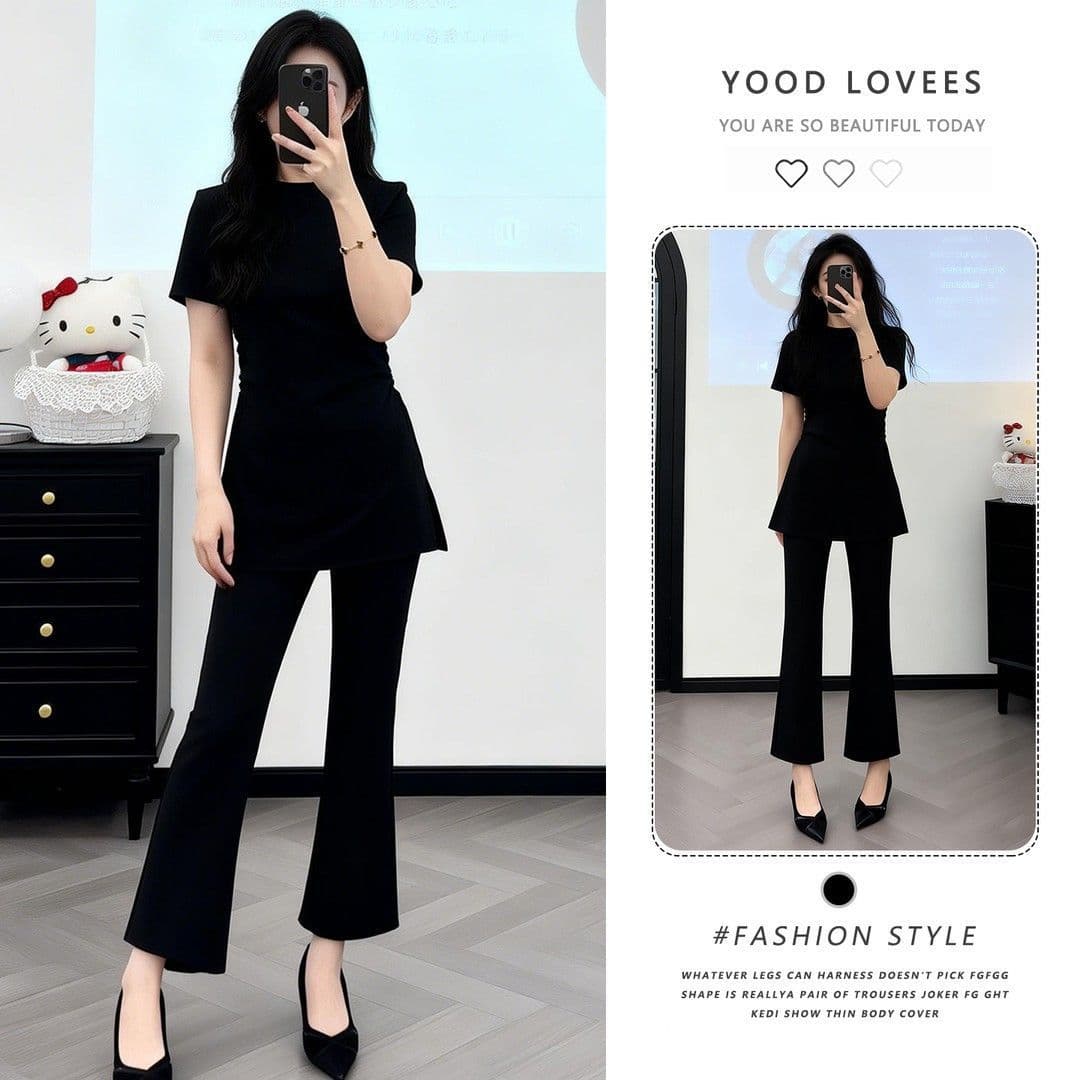 2026 Summer New Fashionable Slimming Elegant High-End Women's Black Short Sleeve Waist-Cinching Simple Cropped Pants Set