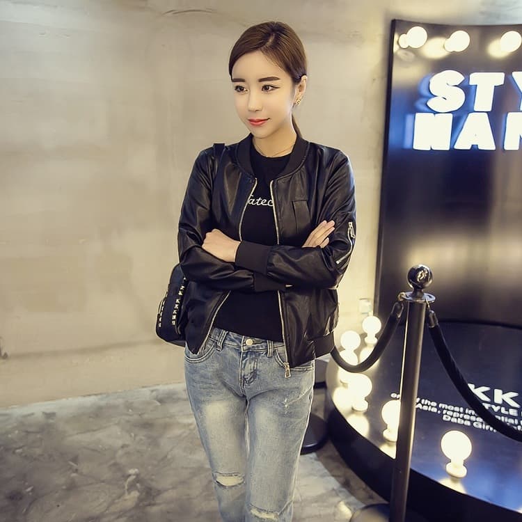 New Women's Black PU Leather Short Jacket for Spring/Autumn, Korean Style Slim Fit Motorcycle Biker Jacket