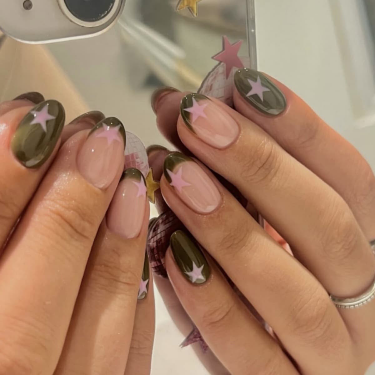 EU-US Cross-border Glossy Tropical Rainforest Camouflage Five-pointed Star Wearable Nails Finished False Nails Removable 24 Pieces